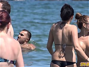 big orbs fledgling sans bra insatiable teenagers voyeur Beach video